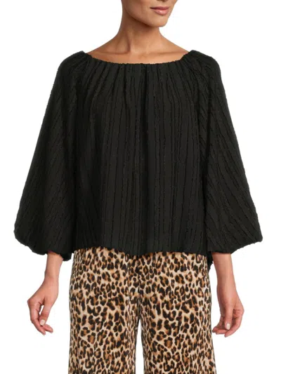 Renee C Semisheer Boat Neck Balloon Sleeve Top In Black