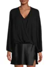 Renee C Satin Long Sleeve Surplice Top In Black