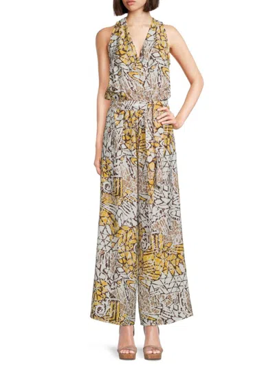 Renee C Women's Surplice Wide Leg Jumpsuit In Yellow Multi