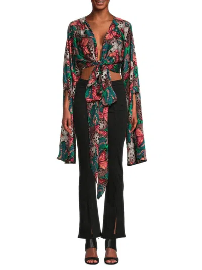 Renee C Women's Tie Front Satin Top In Red Multi