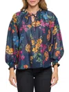 Renee C Floral Ruffle Tie Neck Long Sleeve Top In Navy