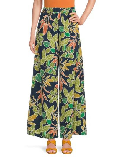 Renee C Women's Tropical Floral Wide Leg Pants In Navy