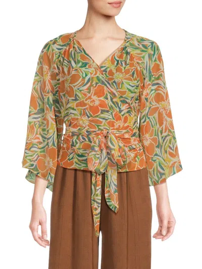 Renee C Women's Tropical Floral Wrap Top In Green