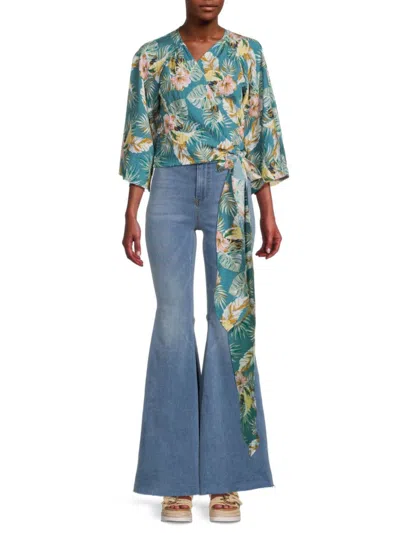 Renee C Women's Tropical Floral Wrap Top In Blue Multi