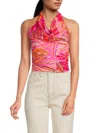 Renee C Women's Tropical Leaf Cowlneck Halter Top In Hot Pink