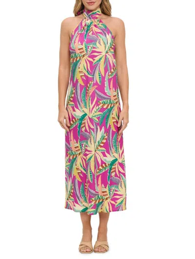 Renee C Women's Tropical Print Halter Midi Dress In Magenta
