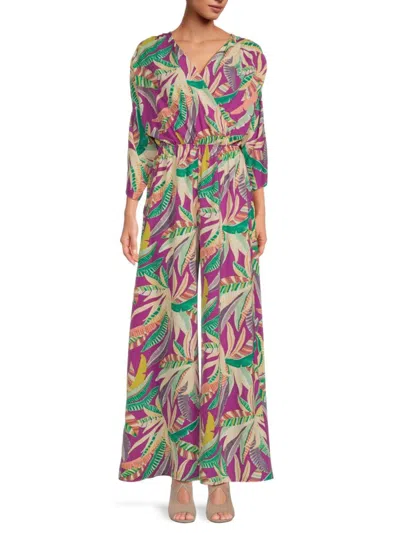 Renee C Women's Tropical Print Wide Leg Jumpsuit In Magenta