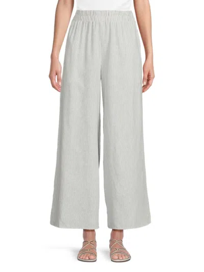Renee C Women's Wide Leg Linen Blend Pants In Blue Ivory