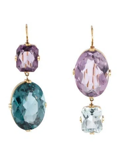 Pre-owned Renee Lewis 18k 14.61ctw Amethyst, Aquamarine, & Synthetic Spinel Mismatched Double Drop Earrings In Multi