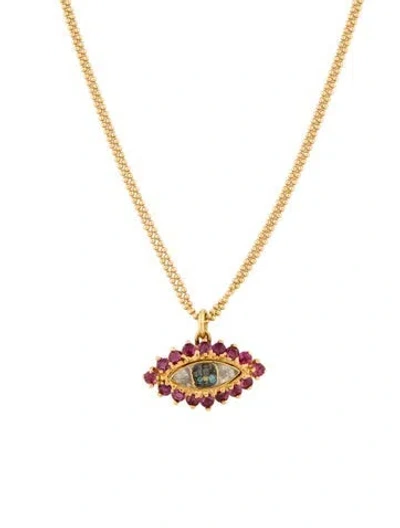 Pre-owned Renee Lewis 18k Ruby & Diamond Eye Pendant Necklace, 20" In Multi
