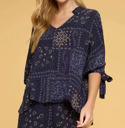 Reneec. Boho Paisley Top In Navy In Blue