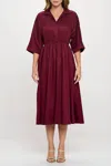 Reneec. Collared V Neck Midi Dress With Pockets In Burgundy