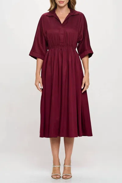 Reneec. Collared V Neck Midi Dress With Pockets In Burgundy In Red