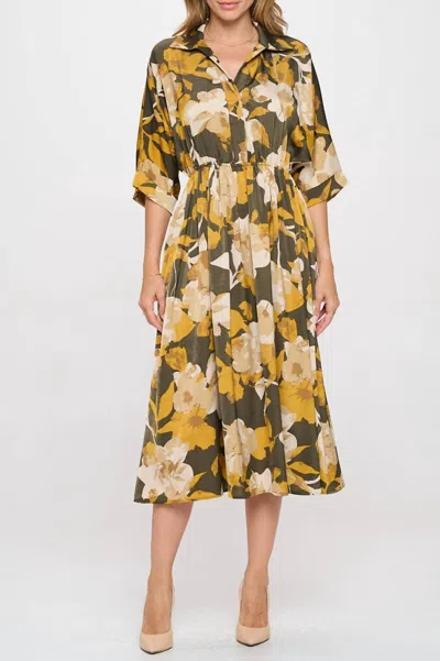 Reneec. Floral Print Collared V Neck Dress With Pockets In Mustard/olive