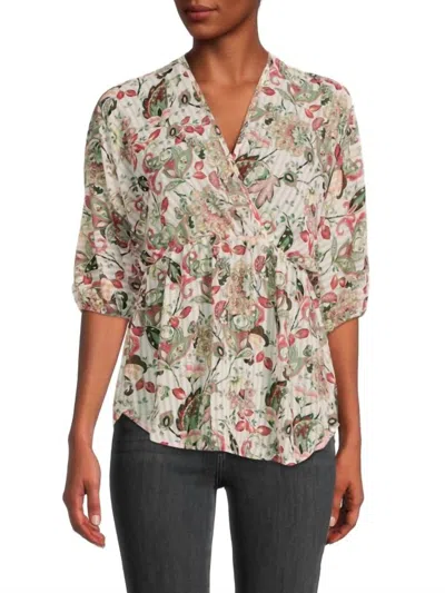 Reneec. Floral Print V Neck Chiffon Blouse In Ivory/green In Multi