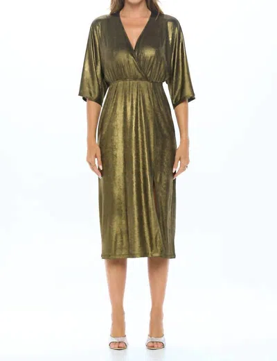 Reneec. Kimono V Neck Dress With Slit In Black/gold In Green