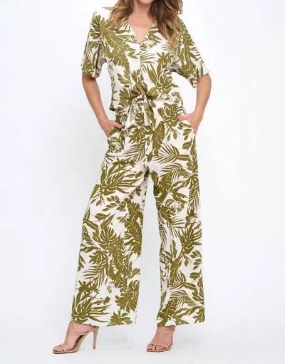 Reneec. Linen Tropical Print Pants In Olive Linen In Green