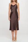 Reneec. Satin Bias Slip Dress With Slit In Chocolate In Gold