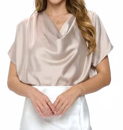 Reneec. Satin Cowl Neck Short Sleeve Top In Beige In Pink