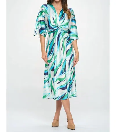 Reneec. Satin Stretch Print Dress With Front Twist In Blue