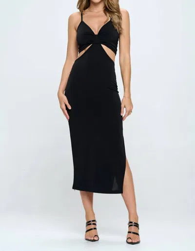Reneec. Solid V-neck Cutout Slit Midi Dress In Black