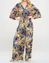 Reneec. Tropical Print V Neck Wide Leg Jumpsuit In Navy In Blue