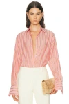 Renggli Stripe Boxy Long Sleeve Button Up In Pink