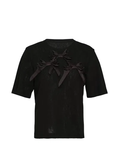 Renli Su Bow-detail Lace-patterned T-shirt In Black