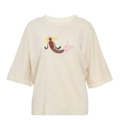 Renli Su Printed Cotton Silk Short Sleeve Tee In White