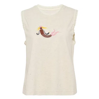 Renli Su Printed Cotton Silk Sleeveless Tee In White