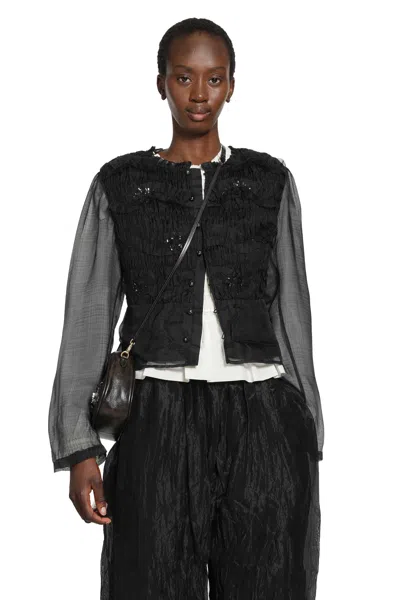 Renli Su Shirred Silk Twill And Organza Shirt In Black