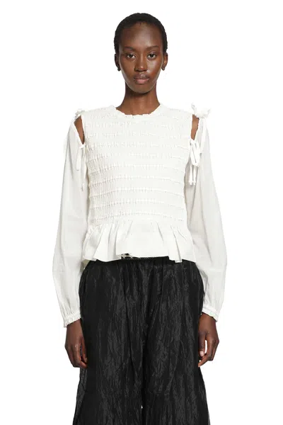 Renli Su Smocked Cotton Blouse In White