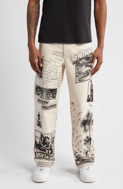 Renowned All Seeing Print Straight Leg Jeans In Off White