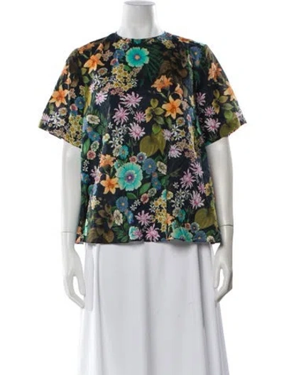 Pre-owned Rentrayage Floral Print Crew Neck Top In Blue