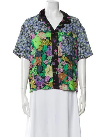 Pre-owned Rentrayage Floral Print Short Sleeve Button-up Top In Black
