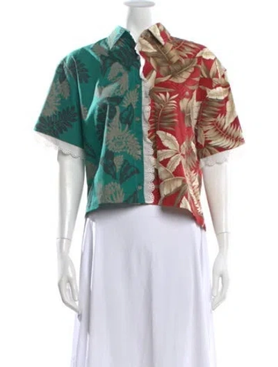 Pre-owned Rentrayage Floral Print Short Sleeve Button-up Top In Green