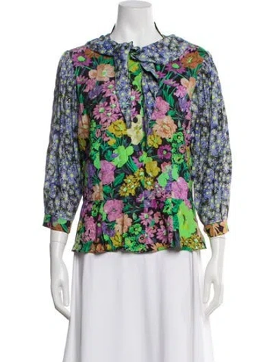 Pre-owned Rentrayage Floral Print Tie Neck Blouse In Black