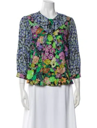 Pre-owned Rentrayage Floral Print Tie Neck Blouse W/ Tags In Blue