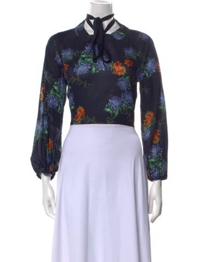 Pre-owned Rentrayage Floral Print Tie Neck Crop Top In Blue