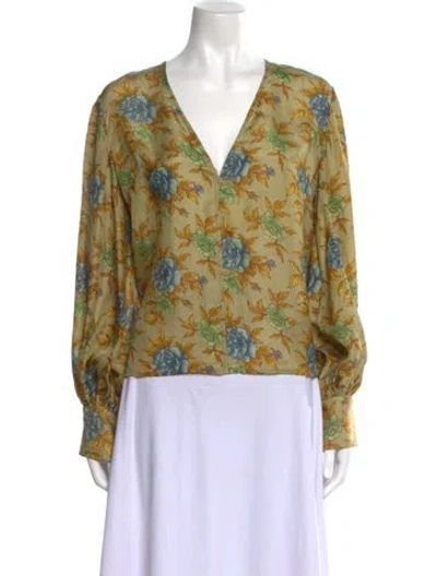 Pre-owned Rentrayage Floral Print V-neck Blouse In Green