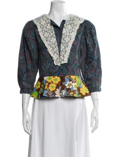 Pre-owned Rentrayage Paisley Print Three-quarter Sleeve Blouse In Blue/white