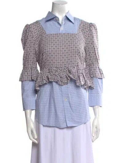 Pre-owned Rentrayage Plaid Print Three-quarter Sleeve Button-up Top In Blue