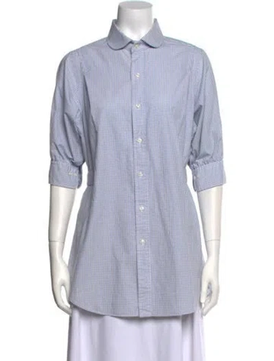 Pre-owned Rentrayage Plaid Print Three-quarter Sleeve Button-up Top In Blue