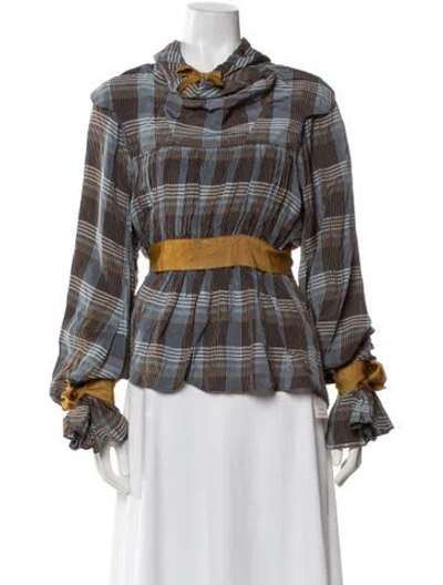 Pre-owned Rentrayage Silk Plaid Print Blouse In Brown