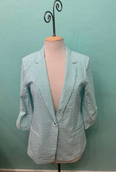 Renuar Evergreen Seersucker Woven Jacket In Striped Green In Blue