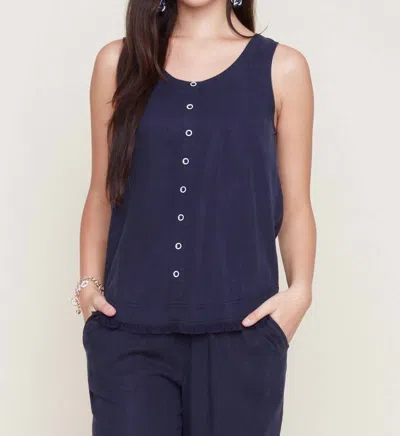 Renuar Faux Button Front Blouse In Indigo In Multi
