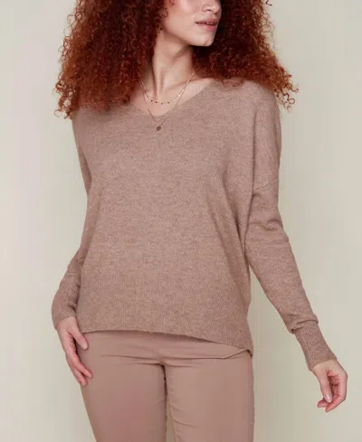Renuar Knit V-neck Sweater In Heather Tan In Pink