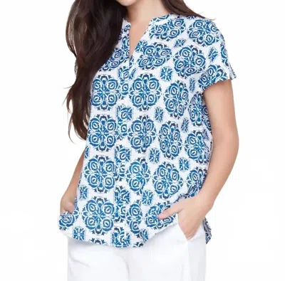 Renuar Sleeve Mandarin Top In Indigo Combo In Blue