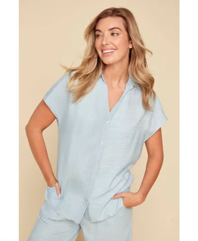 Renuar Striped Button Down Blouse In Chambray In Blue