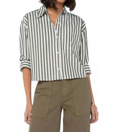 Renuar Striped Cotton Blouse In Olive In Green